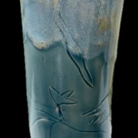 ceramic vessel organic shape blue with people and flower decoration
