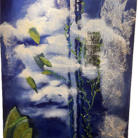 painting depicts leaves clouds vines with a window in the clouds